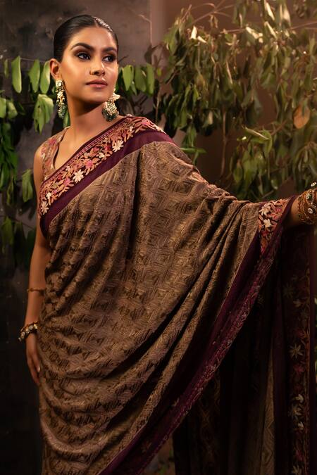 Buy Angad Creations Brown Georgette, Crepe Embroidery, Lace Round Neck Geometric Saree With Blouse Online at Aza Fashions Buy_Angad Creations_Brown Georgette, Crepe Embroidery, Lace Round Neck Geometric Saree With Blouse _Online_at_Aza_Fashions