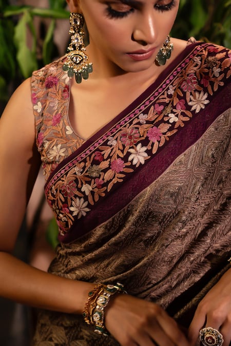 Buy Angad Creations Brown Georgette, Crepe Embroidery, Lace Round Neck Geometric Saree With Blouse Buy_Angad Creations_Brown Georgette, Crepe Embroidery, Lace Round Neck Geometric Saree With Blouse