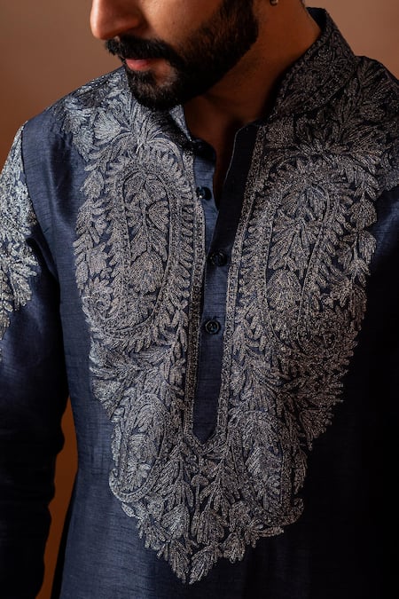 Buy_Angad Creations_Gray Viscose, Silk Embroidery, Tassels Slate Grey Kurta Set _Online_at_Aza_Fashions