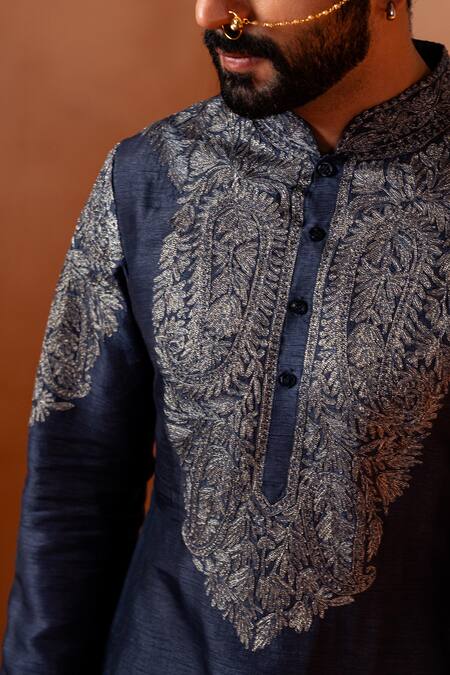 Shop_Angad Creations_Gray Viscose, Silk Embroidery, Tassels Slate Grey Kurta Set _Online_at_Aza_Fashions