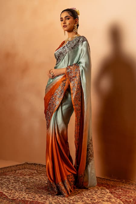 Angad Creations Multi Color Satin Embroidery Sweetheart Neck Ombre Tilla Saree Set Online at Aza Fashions Angad Creations_Multi Color Satin Embroidery Sweetheart Neck Ombre Tilla Saree Set _Online_at_Aza_Fashions