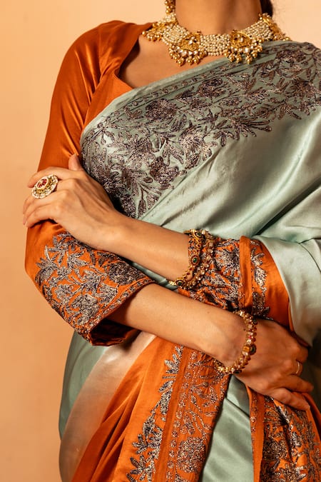 Buy Angad Creations Multi Color Satin Embroidery Sweetheart Neck Ombre Tilla Saree Set Online at Aza Fashions Buy_Angad Creations_Multi Color Satin Embroidery Sweetheart Neck Ombre Tilla Saree Set _Online_at_Aza_Fashions