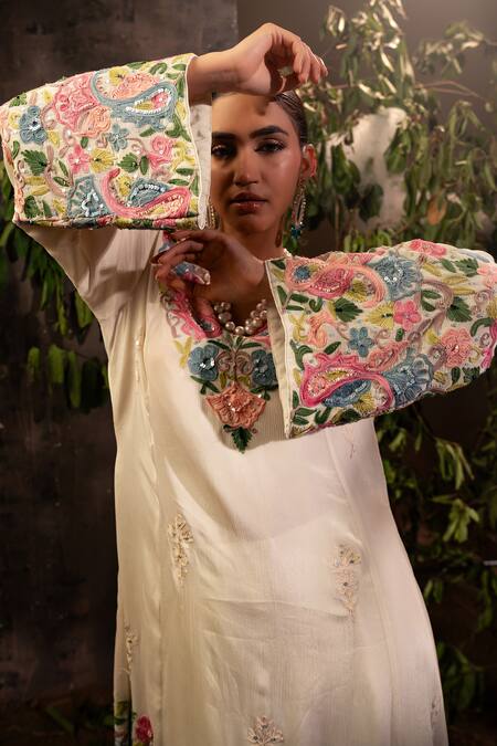 Angad Creations White Georgette, Crepe Embroidery, Sequins V-neck Gradient Anarkali Pant Set at Aza Fashions Angad Creations_White Georgette, Crepe Embroidery, Sequins V-neck Gradient Anarkali Pant Set _at_Aza_Fashions