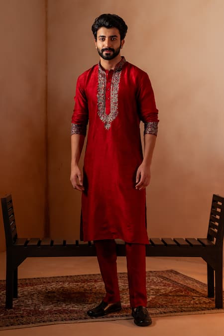 Angad Creations Red Viscose Embroidery Crimson Kurta Set Online at Aza Fashions Angad Creations_Red Viscose Embroidery Crimson Kurta Set _Online_at_Aza_Fashions