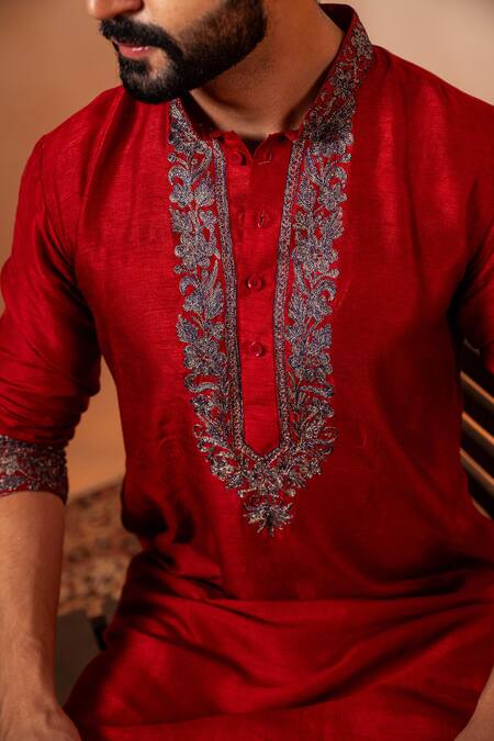 Shop Angad Creations Red Viscose Embroidery Crimson Kurta Set Online at Aza Fashions Shop_Angad Creations_Red Viscose Embroidery Crimson Kurta Set _Online_at_Aza_Fashions