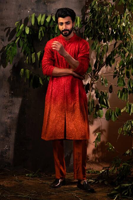 Shop Angad Creations Red Georgette, Viscose Embroidery Ombre Floral Kurta Set at Aza Fashions Shop_Angad Creations_Red Georgette, Viscose Embroidery Ombre Floral Kurta Set _at_Aza_Fashions