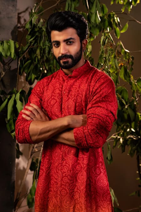 Shop Angad Creations Red Georgette, Viscose Embroidery Ombre Floral Kurta Set Online at Aza Fashions Shop_Angad Creations_Red Georgette, Viscose Embroidery Ombre Floral Kurta Set _Online_at_Aza_Fashions
