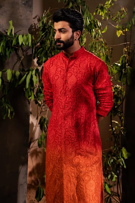 Angad Creations Red Georgette, Viscose Embroidery Ombre Floral Kurta Set at Aza Fashions Angad Creations_Red Georgette, Viscose Embroidery Ombre Floral Kurta Set _at_Aza_Fashions