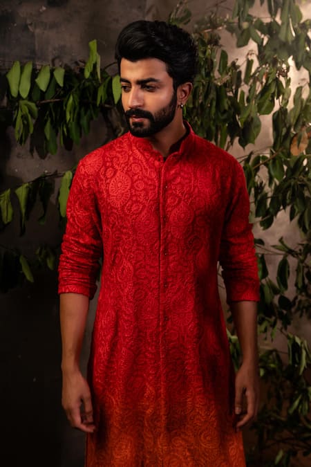 Shop Angad Creations Red Georgette, Viscose Embroidery Ombre Floral Kurta Set Shop_Angad Creations_Red Georgette, Viscose Embroidery Ombre Floral Kurta Set
