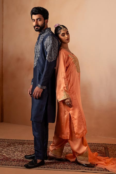 Buy Angad Creations Peach Cotton Satin, Organza Embroidery Split V-neck Phiran Kurta Pant Set Buy_Angad Creations_Peach Cotton Satin, Organza Embroidery Split V-neck Phiran Kurta Pant Set