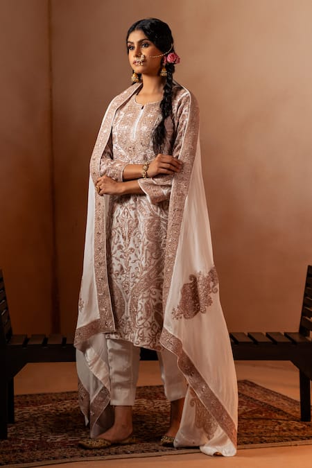 Angad Creations White Chiffon, Viscose, Georgette, Crepe Zari Split Embroidered Kurta Pant Set Online at Aza Fashions Angad Creations_White Chiffon, Viscose, Georgette, Crepe Zari Split Embroidered Kurta Pant Set _Online_at_Aza_Fashions