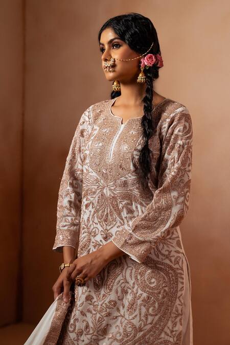 Buy Angad Creations White Chiffon, Viscose, Georgette, Crepe Zari Split Embroidered Kurta Pant Set Online at Aza Fashions Buy_Angad Creations_White Chiffon, Viscose, Georgette, Crepe Zari Split Embroidered Kurta Pant Set _Online_at_Aza_Fashions