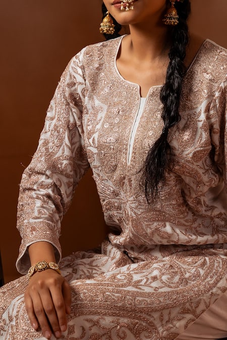 Shop Angad Creations White Chiffon, Viscose, Georgette, Crepe Zari Split Embroidered Kurta Pant Set Online at Aza Fashions Shop_Angad Creations_White Chiffon, Viscose, Georgette, Crepe Zari Split Embroidered Kurta Pant Set _Online_at_Aza_Fashions
