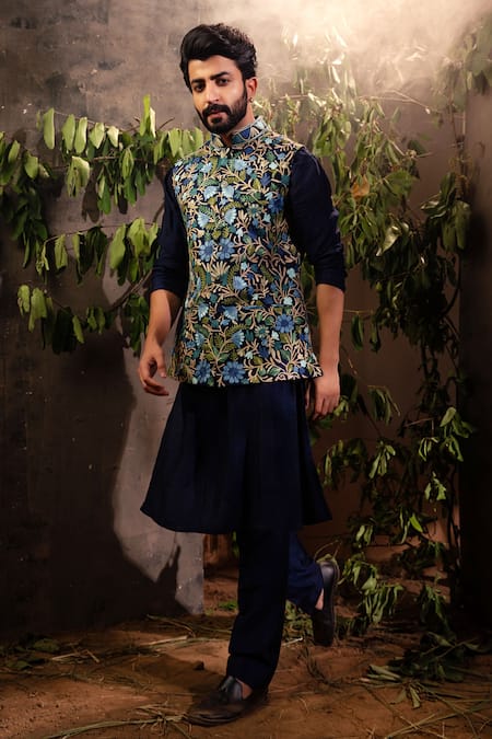 Angad Creations Floral Embroidered Bundi Kurta Set 