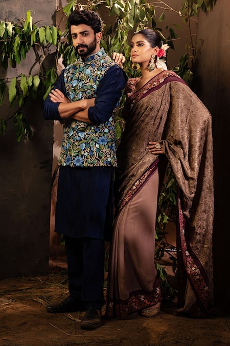 Shop_Angad Creations_Blue Silk Embroidery Floral Bundi Kurta Set _Online_at_Aza_Fashions