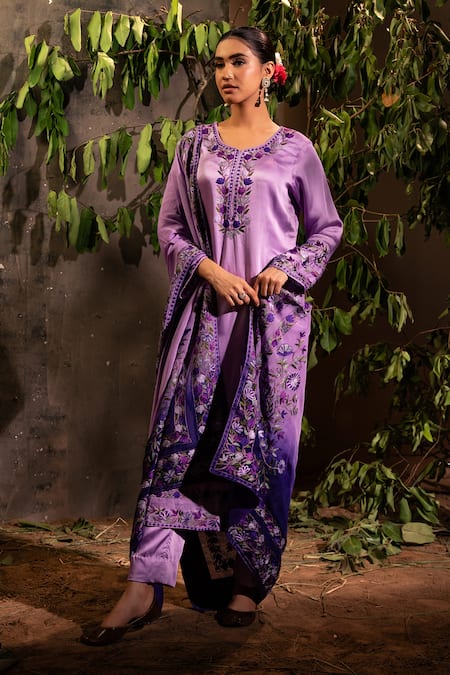 Shop Angad Creations Purple Cotton Satin, Organza Embroidery Round Neck Gradient Kurta Pant Set at Aza Fashions Shop_Angad Creations_Purple Cotton Satin, Organza Embroidery Round Neck Gradient Kurta Pant Set _at_Aza_Fashions