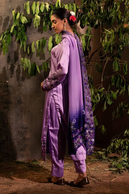 Angad Creations Purple Cotton Satin, Organza Embroidery Round Neck Gradient Kurta Pant Set Online at Aza Fashions Angad Creations_Purple Cotton Satin, Organza Embroidery Round Neck Gradient Kurta Pant Set _Online_at_Aza_Fashions