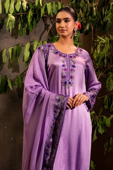 Shop Angad Creations Purple Cotton Satin, Organza Embroidery Round Neck Gradient Kurta Pant Set Online at Aza Fashions Shop_Angad Creations_Purple Cotton Satin, Organza Embroidery Round Neck Gradient Kurta Pant Set _Online_at_Aza_Fashions