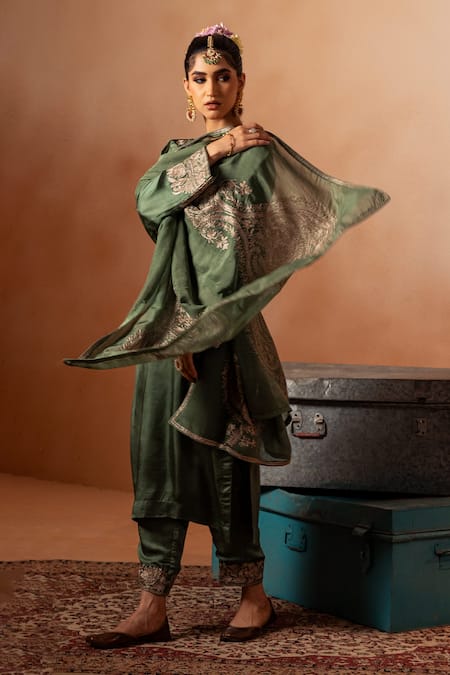 Angad Creations Zari Embroidered Green Kurta Pant Set 