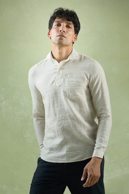 Aryavir Malhotra_Beige Linen Stripe Textured Shirt _Online_at_Aza_Fashions