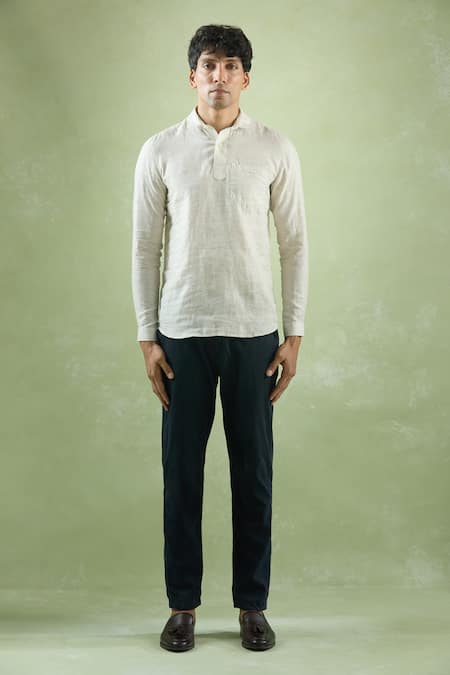 Buy_Aryavir Malhotra_Beige Linen Stripe Textured Shirt _Online_at_Aza_Fashions