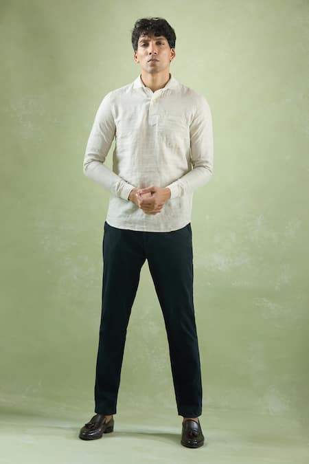 Shop_Aryavir Malhotra_Beige Linen Stripe Textured Shirt _Online_at_Aza_Fashions