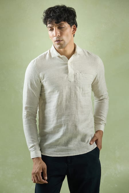 Aryavir Malhotra_Beige Linen Stripe Textured Shirt _at_Aza_Fashions
