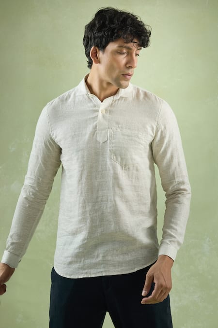 Buy_Aryavir Malhotra_Beige Linen Stripe Textured Shirt 