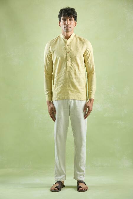 Aryavir Malhotra_Yellow Linen Stripe Textured Full Sleeve Shirt _Online_at_Aza_Fashions
