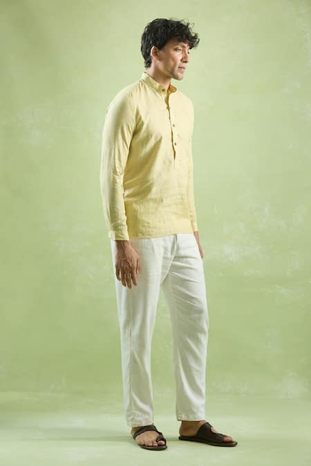 Shop_Aryavir Malhotra_Yellow Linen Stripe Textured Full Sleeve Shirt _Online_at_Aza_Fashions