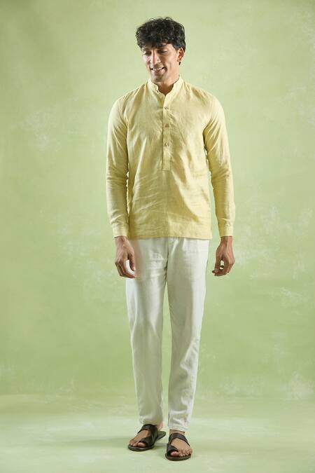Aryavir Malhotra_Yellow Linen Stripe Textured Full Sleeve Shirt _at_Aza_Fashions
