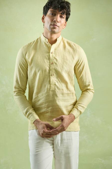 Buy_Aryavir Malhotra_Yellow Linen Stripe Textured Full Sleeve Shirt 