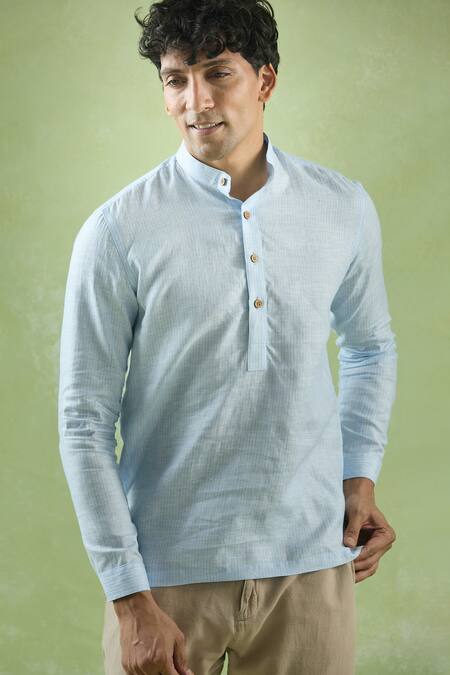 Shop Aryavir Malhotra Blue Linen Vertical Stripe Casual Shirt Online at Aza Fashions Shop_Aryavir Malhotra_Blue Linen Vertical Stripe Casual Shirt _Online_at_Aza_Fashions