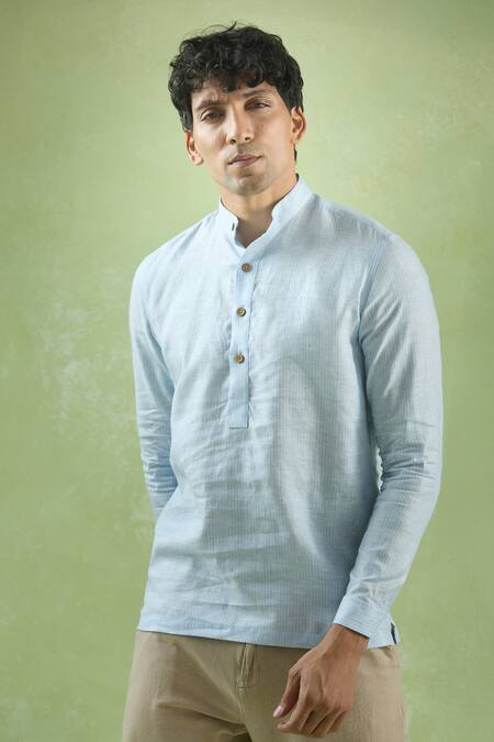Aryavir Malhotra Blue Linen Vertical Stripe Casual Shirt at Aza Fashions Aryavir Malhotra_Blue Linen Vertical Stripe Casual Shirt _at_Aza_Fashions