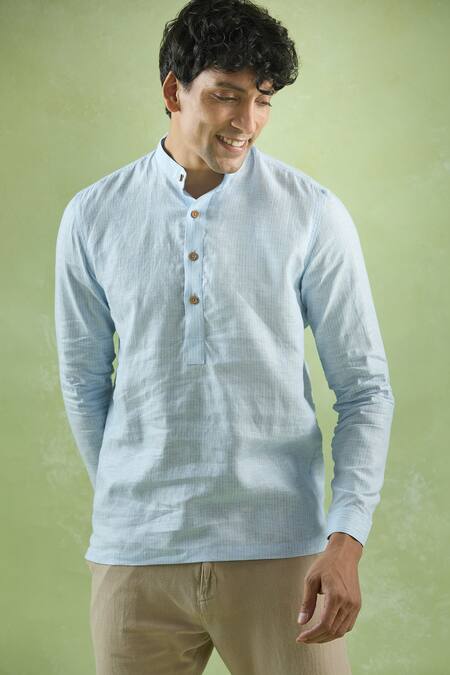Buy Aryavir Malhotra Blue Linen Vertical Stripe Casual Shirt Buy_Aryavir Malhotra_Blue Linen Vertical Stripe Casual Shirt