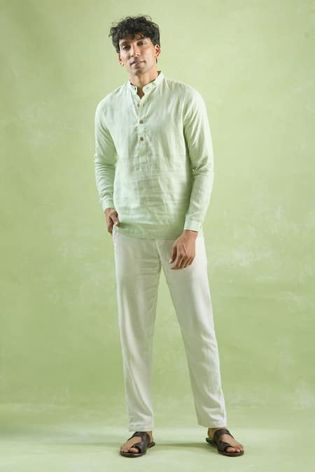 Shop Aryavir Malhotra Green Linen Stripe Textured Shirt at Aza Fashions Shop_Aryavir Malhotra_Green Linen Stripe Textured Shirt _at_Aza_Fashions