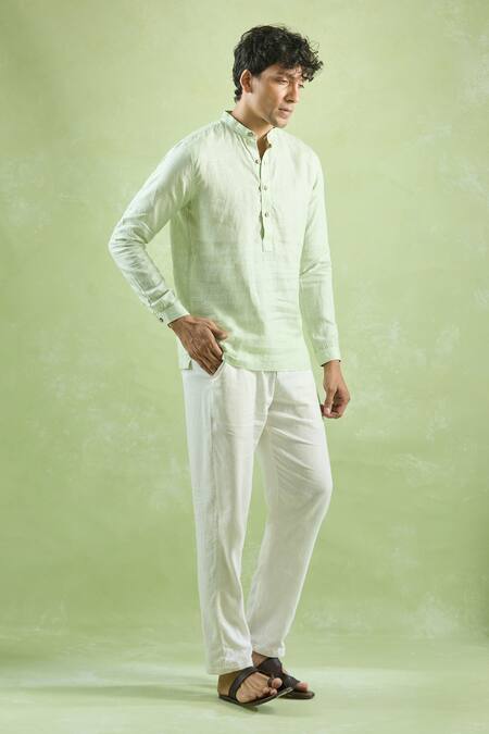 Aryavir Malhotra Green Linen Stripe Textured Shirt Online at Aza Fashions Aryavir Malhotra_Green Linen Stripe Textured Shirt _Online_at_Aza_Fashions