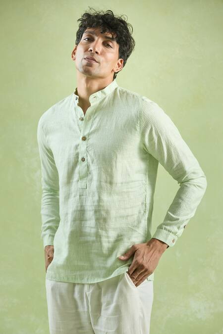 Buy Aryavir Malhotra Green Linen Stripe Textured Shirt Online at Aza Fashions Buy_Aryavir Malhotra_Green Linen Stripe Textured Shirt _Online_at_Aza_Fashions