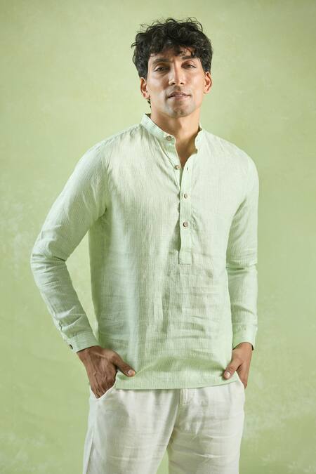 Shop Aryavir Malhotra Green Linen Stripe Textured Shirt Online at Aza Fashions Shop_Aryavir Malhotra_Green Linen Stripe Textured Shirt _Online_at_Aza_Fashions