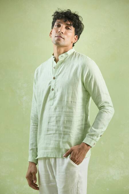 Aryavir Malhotra Green Linen Stripe Textured Shirt at Aza Fashions Aryavir Malhotra_Green Linen Stripe Textured Shirt _at_Aza_Fashions
