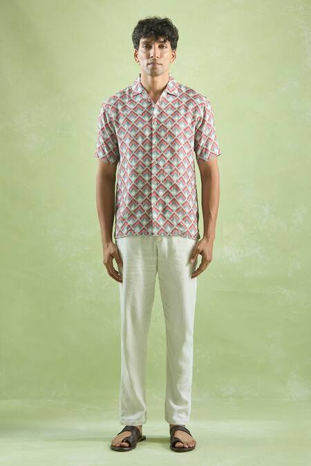 Aryavir Malhotra_Red Linen Abstract Mosaic Print Casual Shirt _Online_at_Aza_Fashions