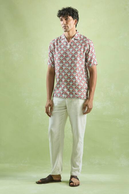 Buy_Aryavir Malhotra_Red Linen Abstract Mosaic Print Casual Shirt _Online_at_Aza_Fashions