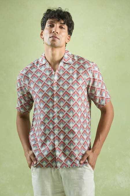 Shop_Aryavir Malhotra_Red Linen Abstract Mosaic Print Casual Shirt _Online_at_Aza_Fashions