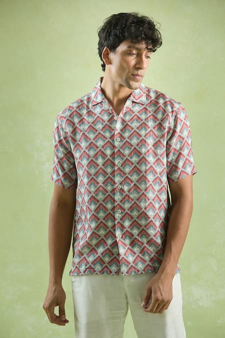 Aryavir Malhotra_Red Linen Abstract Mosaic Print Casual Shirt _at_Aza_Fashions