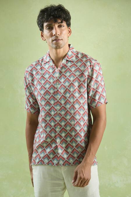 Buy_Aryavir Malhotra_Red Linen Abstract Mosaic Print Casual Shirt 