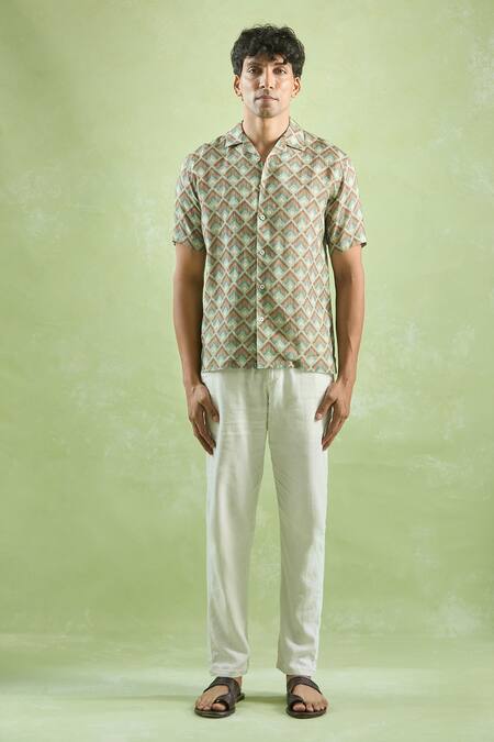 Aryavir Malhotra_Green Linen Mosaic Print Casual Shirt _Online_at_Aza_Fashions
