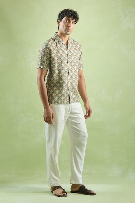 Buy_Aryavir Malhotra_Green Linen Mosaic Print Casual Shirt _Online_at_Aza_Fashions