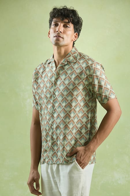 Shop_Aryavir Malhotra_Green Linen Mosaic Print Casual Shirt _Online_at_Aza_Fashions