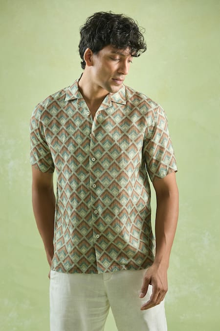 Buy_Aryavir Malhotra_Green Linen Mosaic Print Casual Shirt 