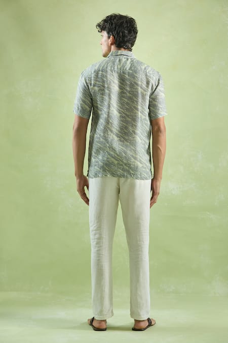 Shop_Aryavir Malhotra_Green Linen Virdian Mirage Print Shirt _at_Aza_Fashions